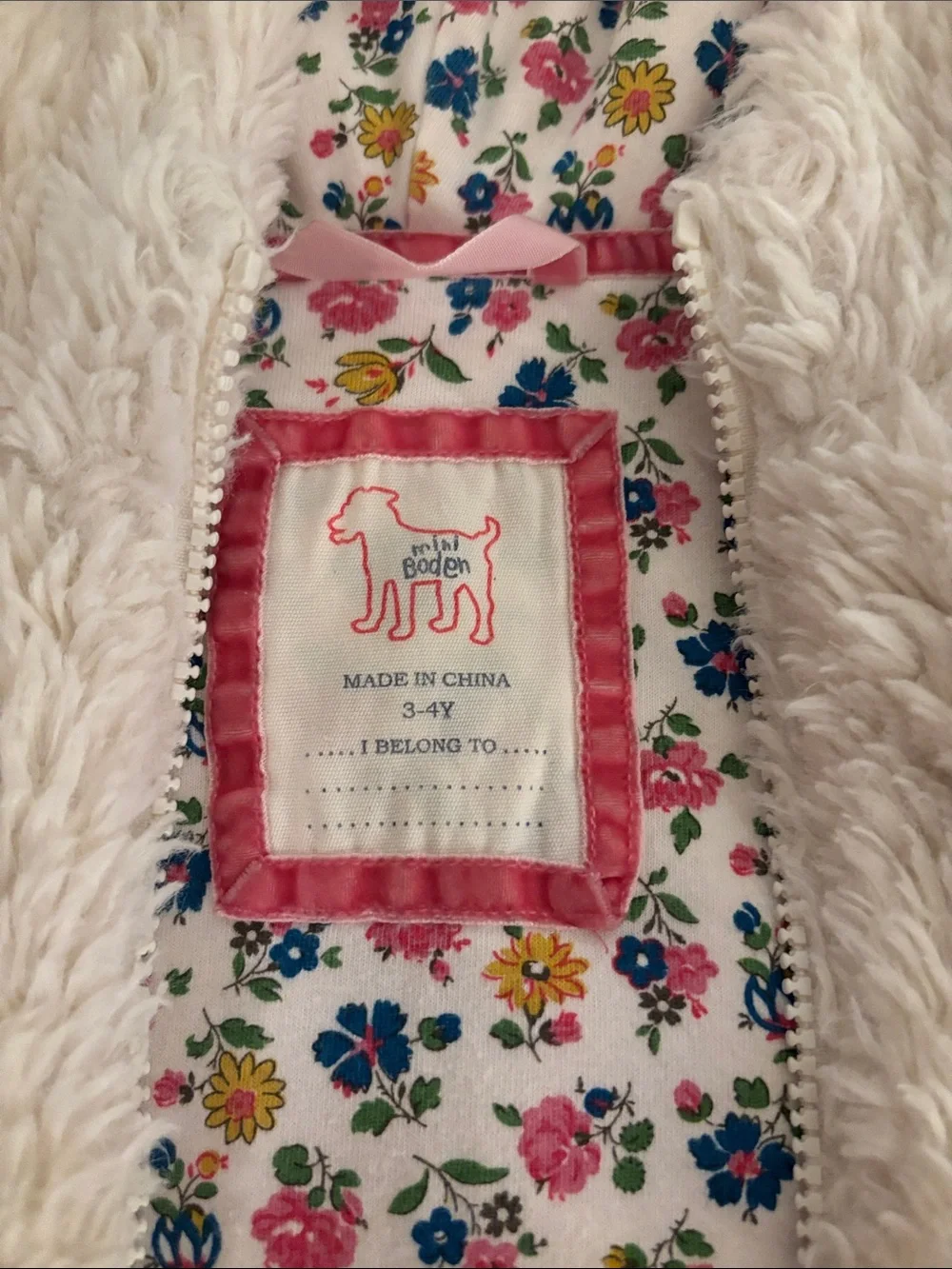 Mini Boden Sz 3T 4T Kids Plush Hooded Vest with Floral Lining - Cream like new